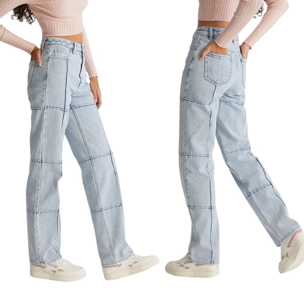 PacSun 90's Boyfriend Paneled Jeans Women 27 Light Blue Patchwork Seam High Rise